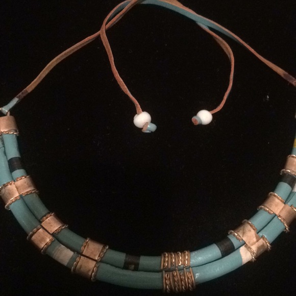 A- Faux Leather Aqua and Navy Blue Adjustable Necklace & bracelet - Picture 4 of 8